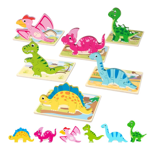 6 Pack Wooden Dinosaur Puzzles for Preschool Learning Toys