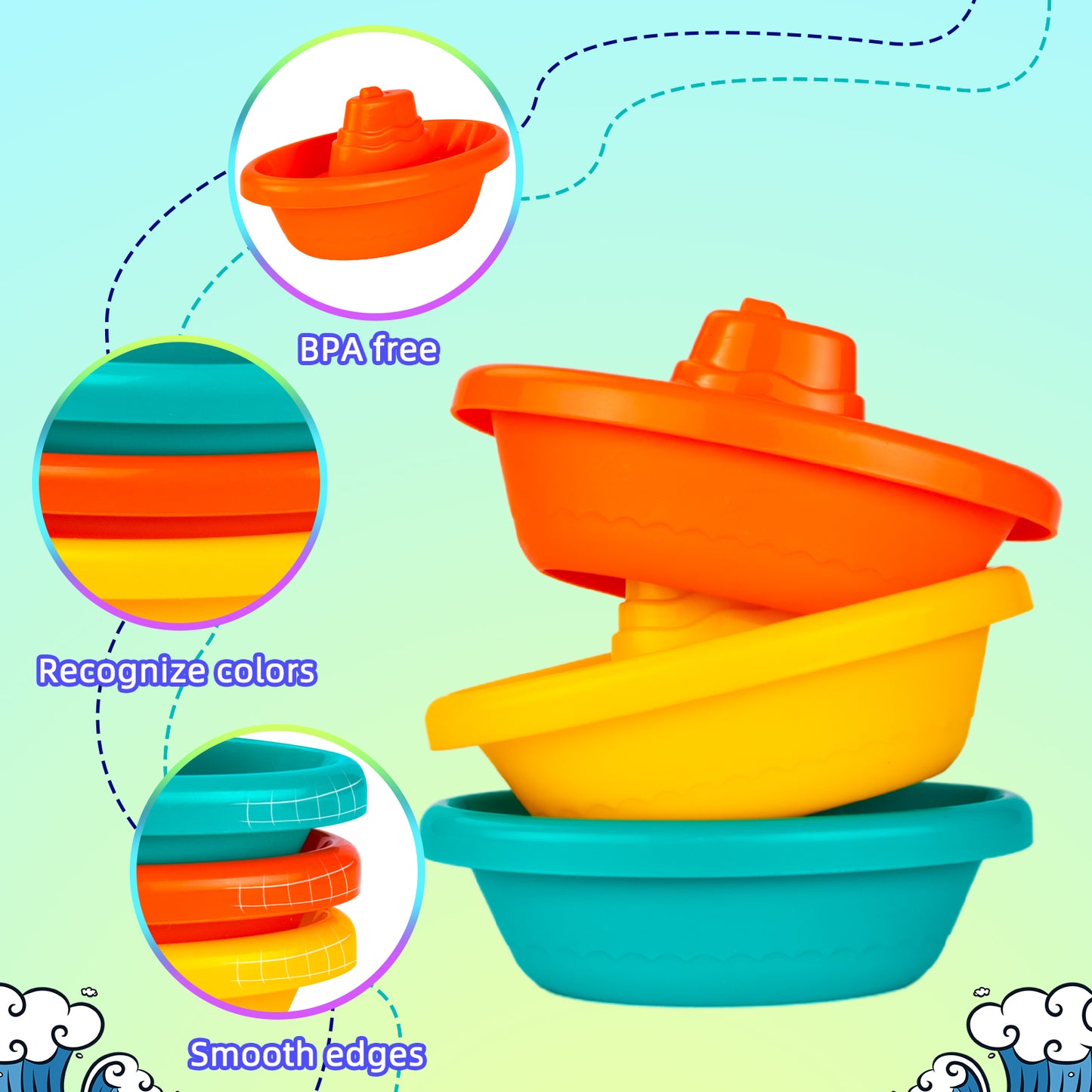 3 件組可堆疊小船套裝，淋浴和游泳水上玩具