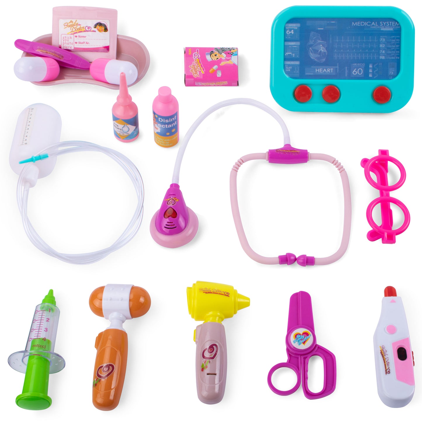 UNIH 兒童醫生推車套件 3 4 5，附燈逼真醫療玩具組（粉紅色）