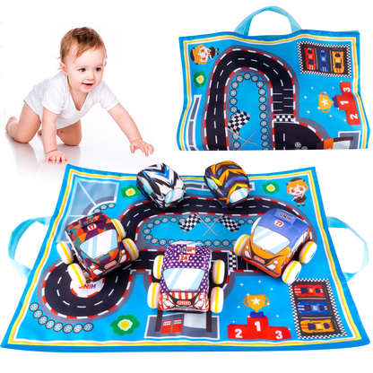 1 歲男孩、女孩汽車玩具，軟體汽車玩具，迴力車套裝，附遊戲墊