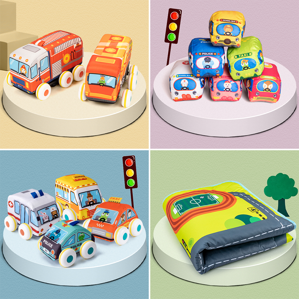Pull-Back and Soft Plush Vehicle Toys Set with 12 Cars and Play Mat (Storage Bag)