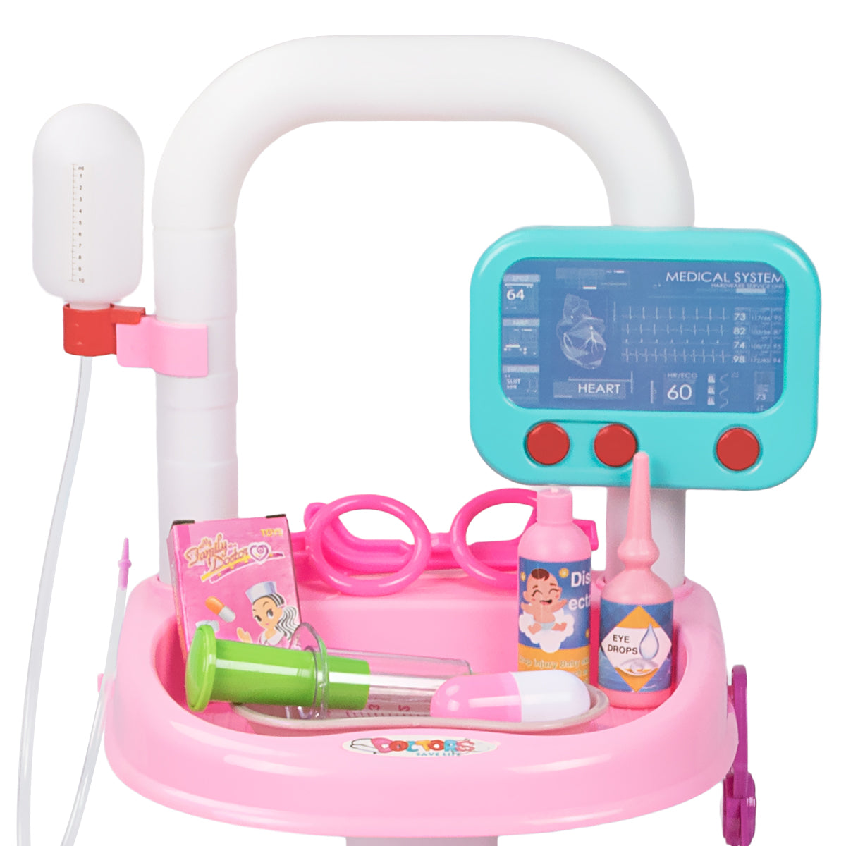 UNIH 兒童醫生推車套件 3 4 5，附燈逼真醫療玩具組（粉紅色）