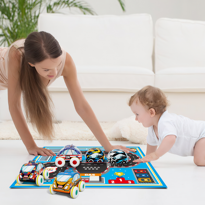 1 歲男孩、女孩汽車玩具，軟體汽車玩具，迴力車套裝，附遊戲墊