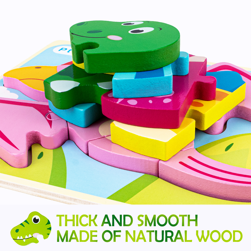 6 Pack Wooden Dinosaur Puzzles for Preschool Learning Toys
